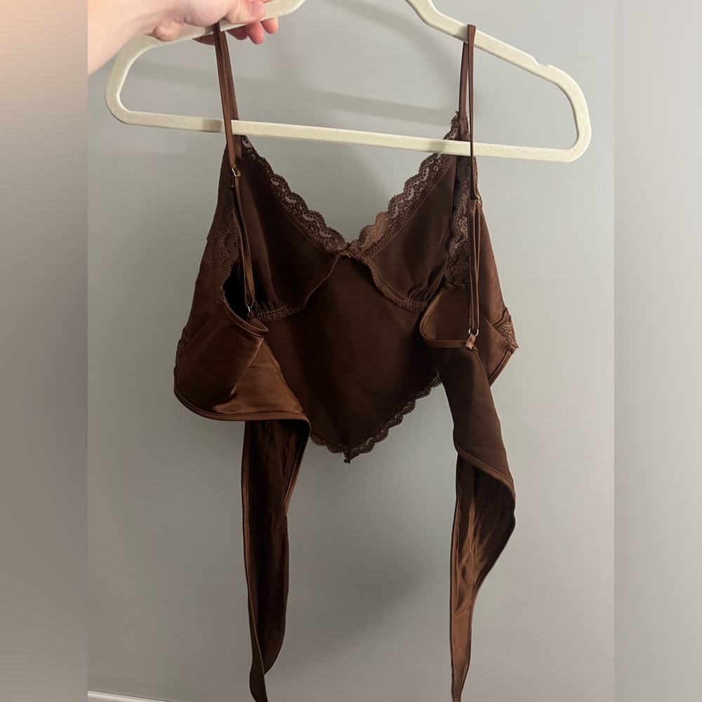 Brown satin lace trim top from Forever 21. Ties in the back.